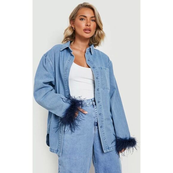 NWT Boohoo Feather Cuffed Oversized Denim Jean Women’s Shacket Shirt Jacket 2US - Picture 1 of 10